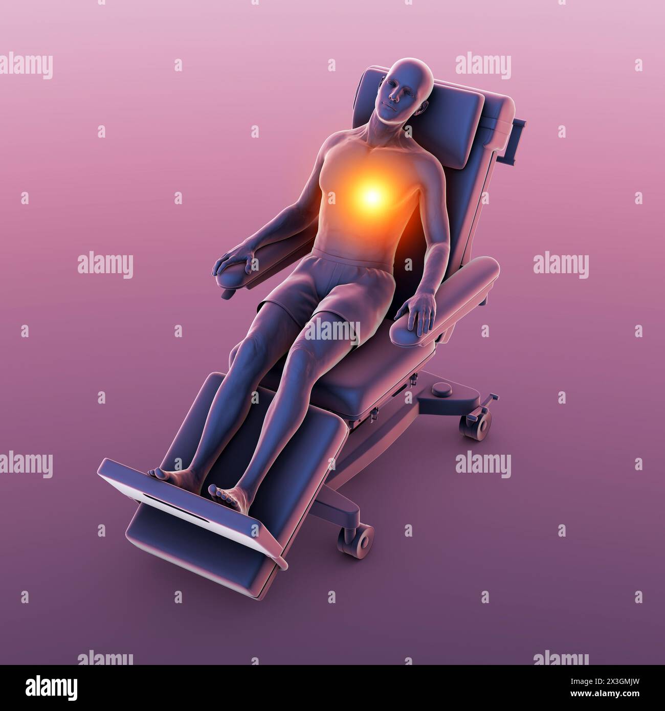 Illustration depicting a male patient on a medical wheel experiencing heart pain, conveying the