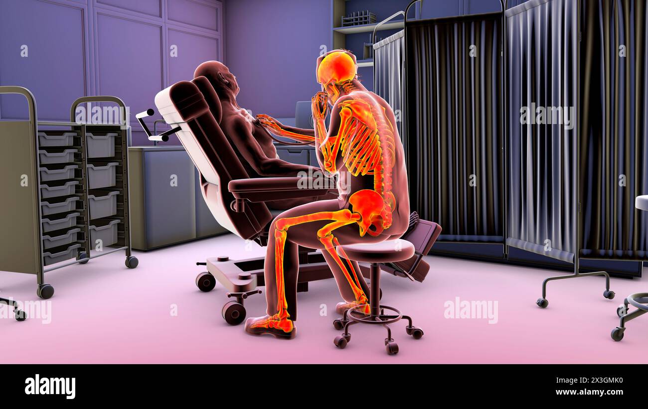 Illustration depicting a healthcare worker with a highlighted skeleton, symbolising skeletal disorders associated with the healthcare profession. Stock Photo