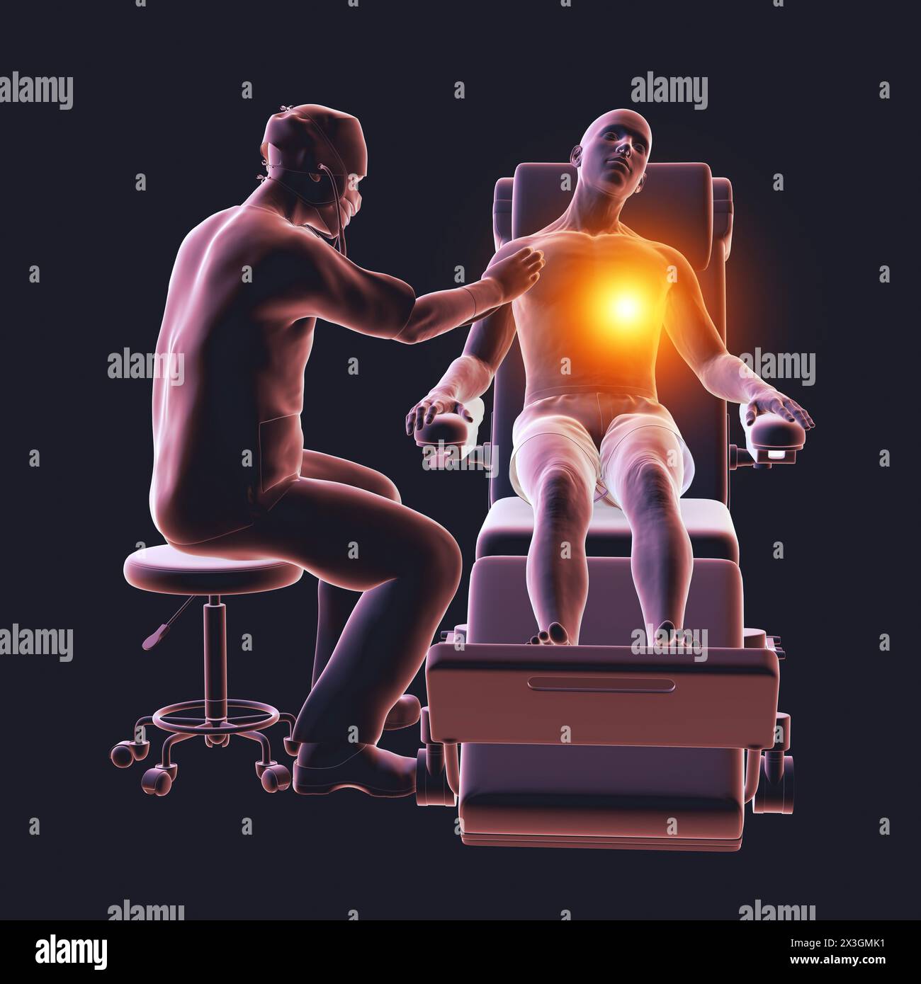 Illustration depicting a male patient on a medical wheel experiencing heart pain, conveying the urgency of cardiovascular distress. Stock Photo