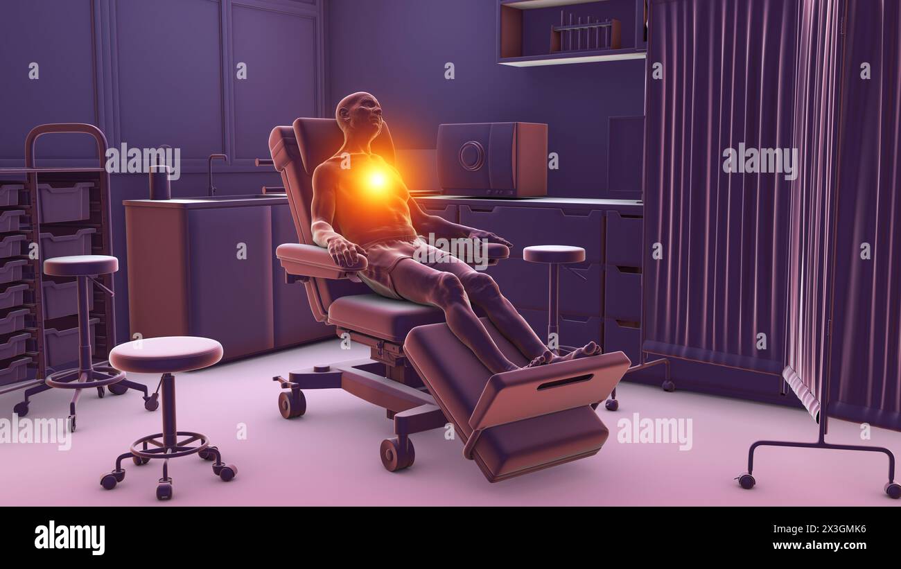Illustration depicting a male patient on a medical recliner experiencing heart pain in a hospital admission room, symbolising distress from cardiovascular conditions. Stock Photo