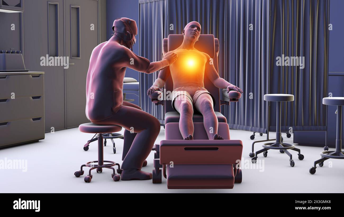 Illustration depicting a male patient on a medical recliner experiencing heart pain in a hospital admission room, symbolising distress from cardiovascular conditions. Stock Photo