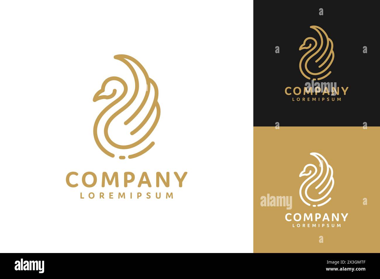 Gold color swan logo with minimalist line art style design Stock Vector