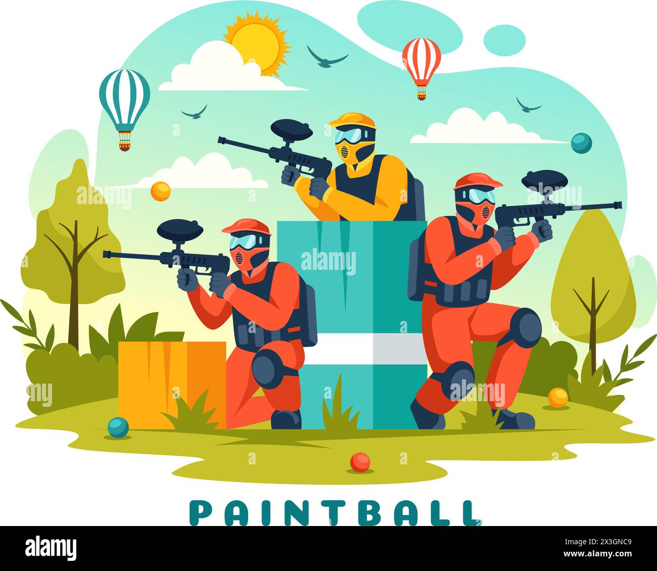 People Playing Paintball Vector Illustration of Fighter Player Shooting with Gun Shoot, Aim, Attack in Field Scene in Flat Cartoon Background Stock Vector