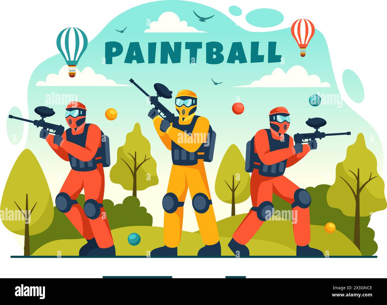 People Playing Paintball Vector Illustration of Fighter Player Shooting with Gun Shoot, Aim, Attack in Field Scene in Flat Cartoon Background Stock Vector