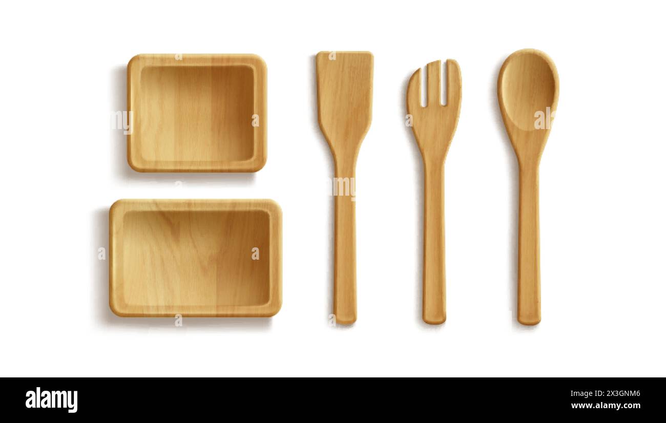 Wood kitchen ware for food cooking and eating. Top view on square plate ...