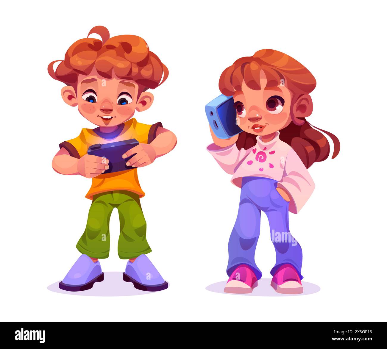 Child play phone. Kid using mobile for game vector. Boy and girl children addict with smart electronic gadget. Baby gamer holding technology for texti Stock Vector