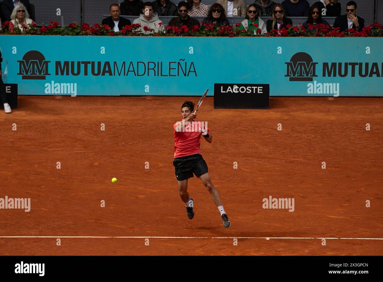 Madrid, Spain. 26th Apr, 2024. Kazakh Alexander Shevchenko during this afternoon's tennis match at the Caja Mágica in Madrid against Spaniard Carlos Alcaraz. Carlos Alcaraz defeated Kazakh Alexander Shevchenko in two sets (2-6 and 1-6) at the Madrid Open tennis tournament. Credit: SOPA Images Limited/Alamy Live News Stock Photo