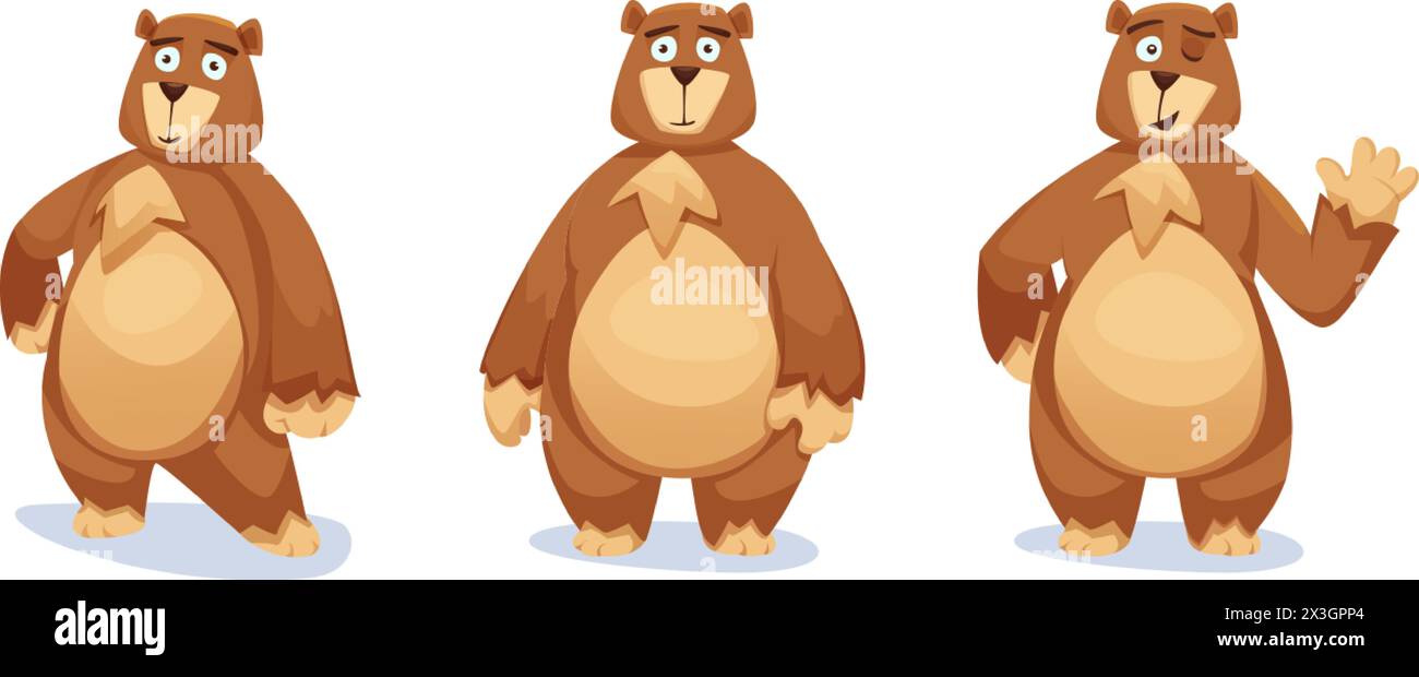 Cute big brown bear cartoon character. Vector illustration set of ...