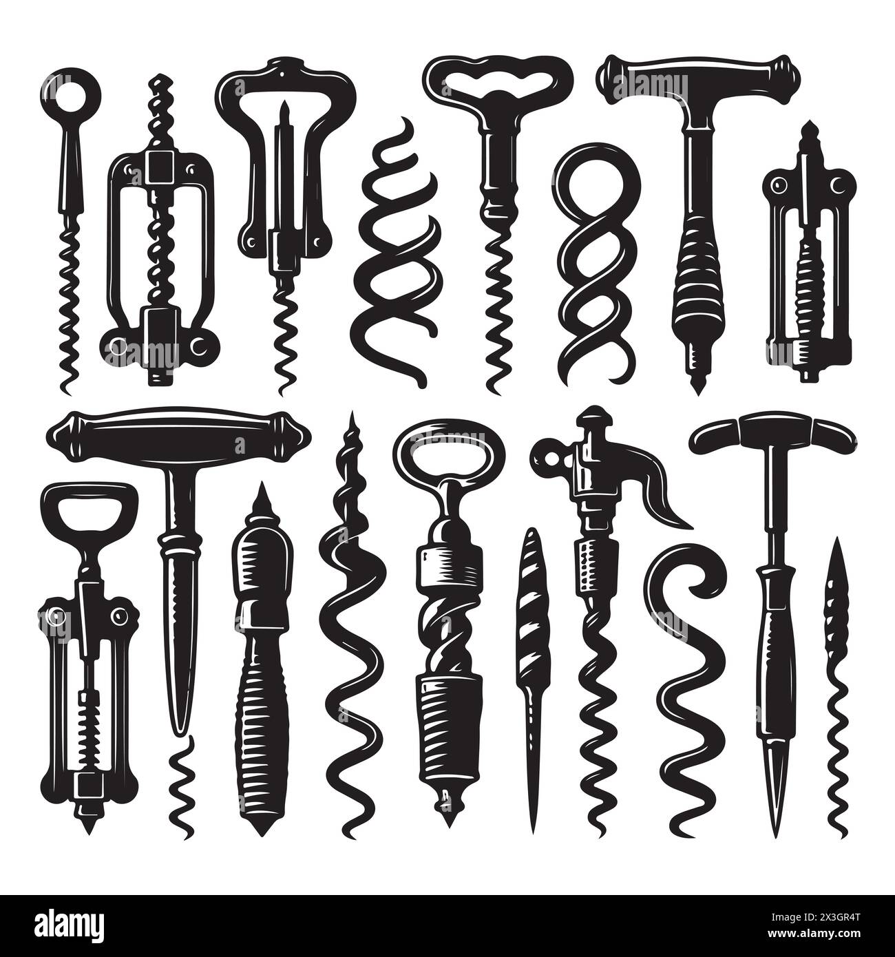 Black silhouette set of various corkscrews, vector illustration Stock