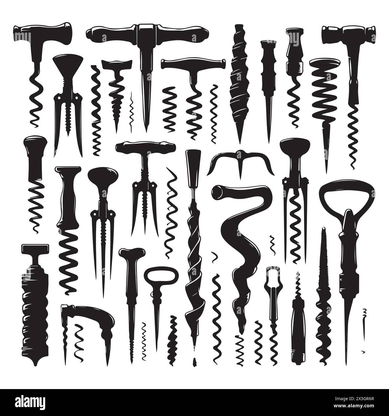 Black silhouette set of various corkscrews, vector illustration Stock