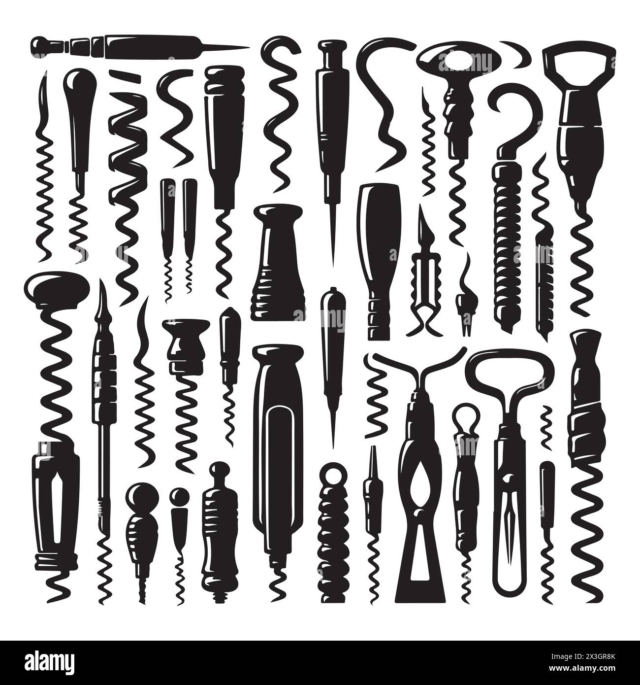 Black silhouette set of various corkscrews, vector illustration Stock