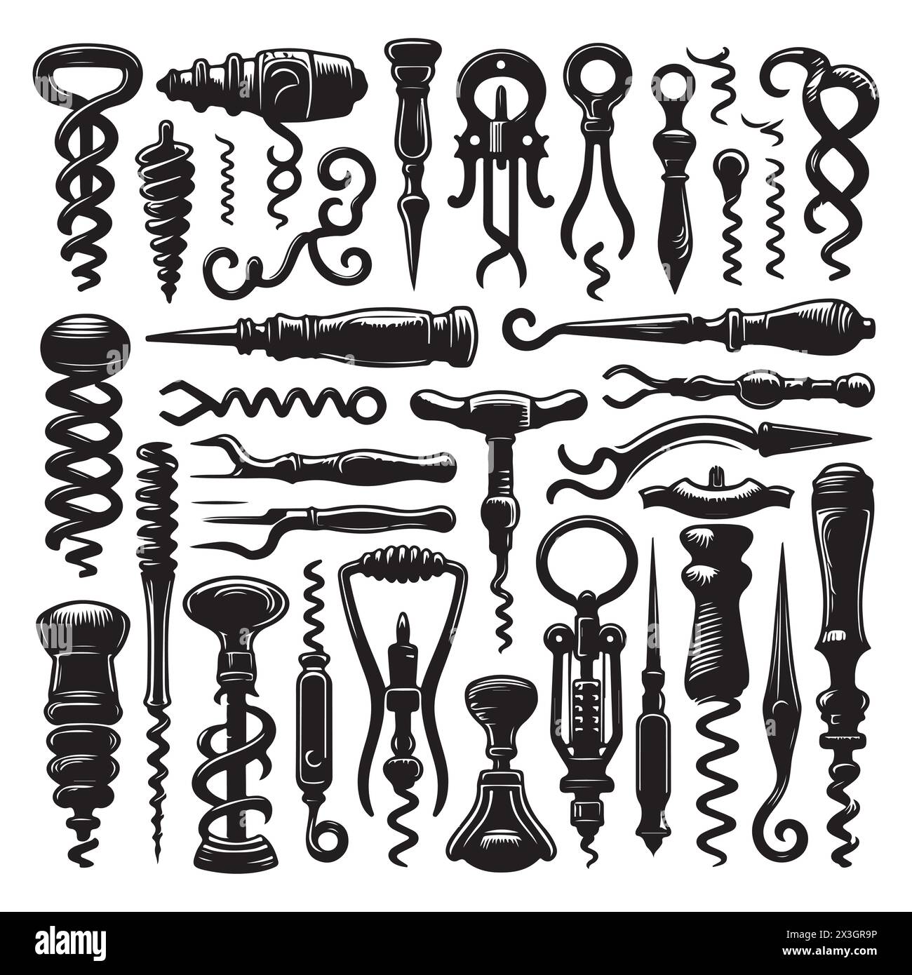 Black silhouette set of various corkscrews, vector illustration Stock
