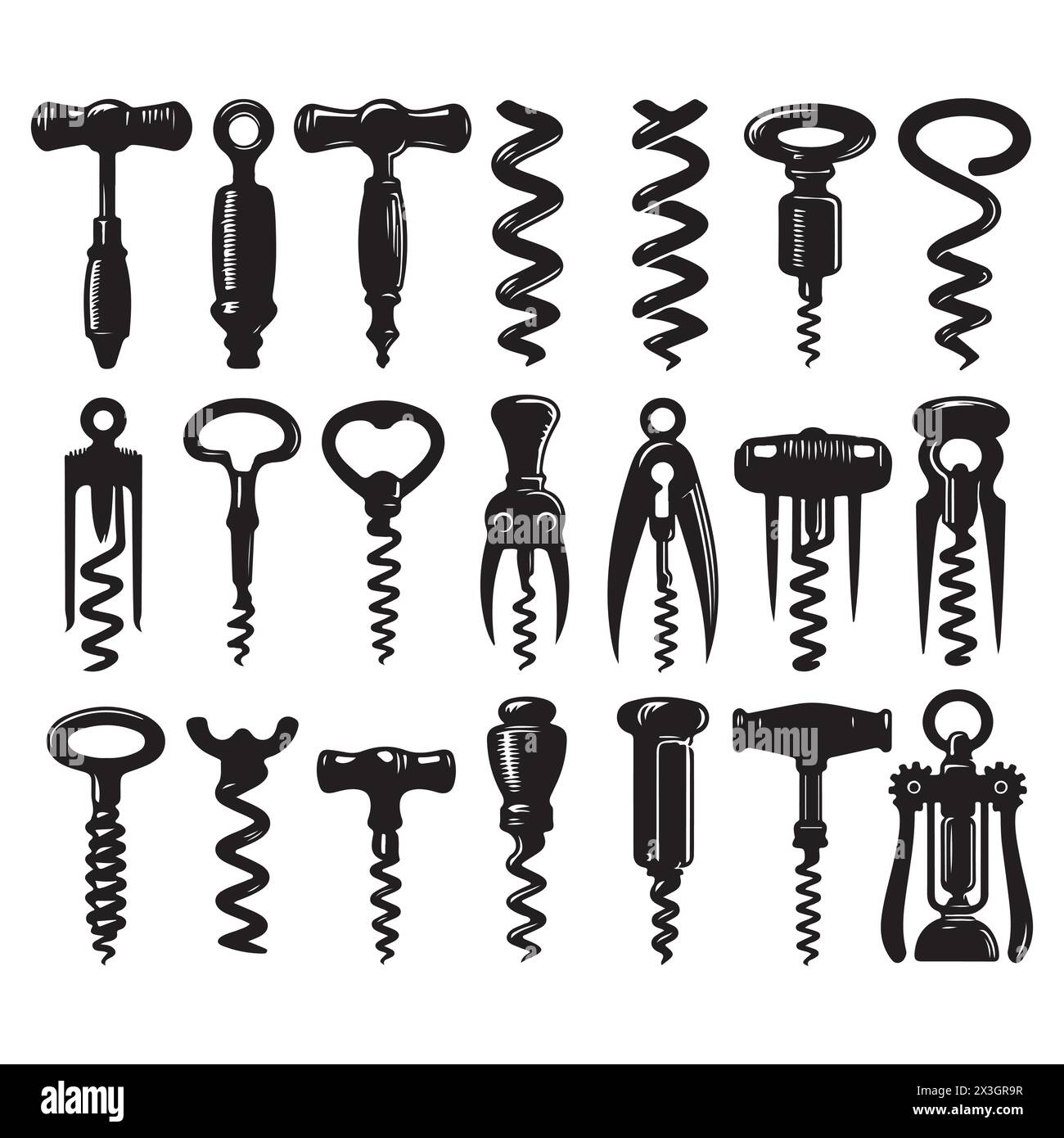 Black silhouette set of various corkscrews, vector illustration Stock