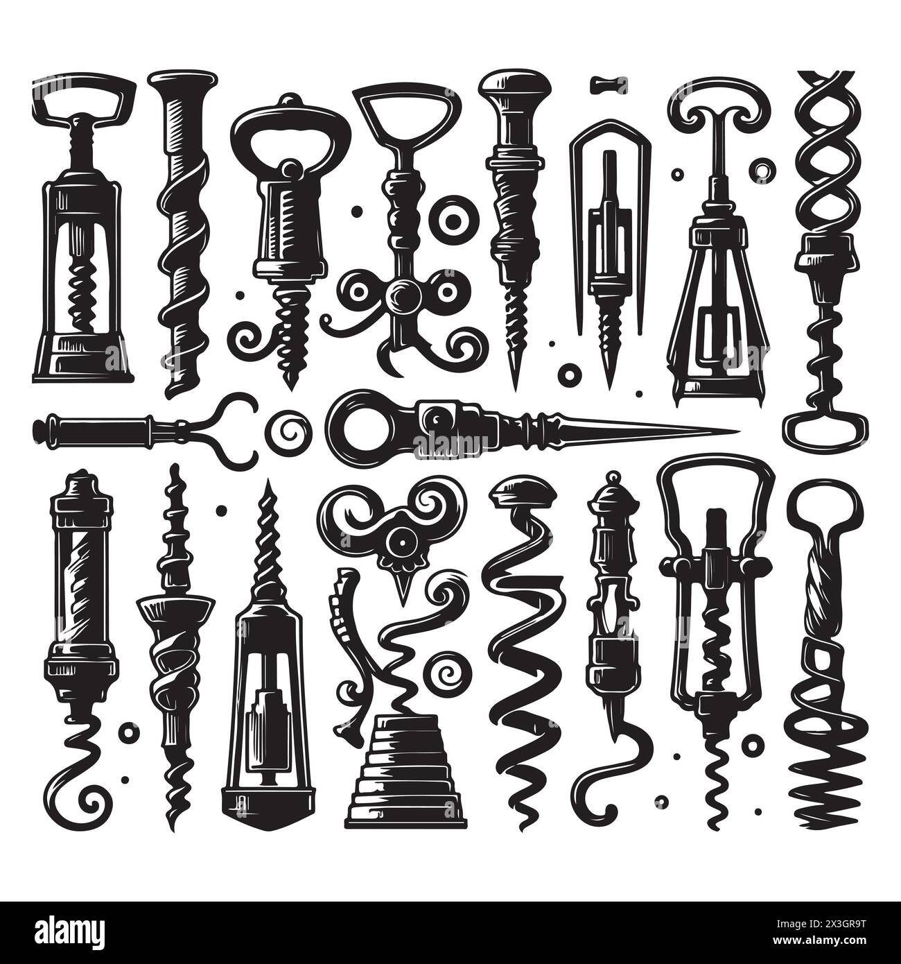Black silhouette set of various corkscrews, vector illustration Stock
