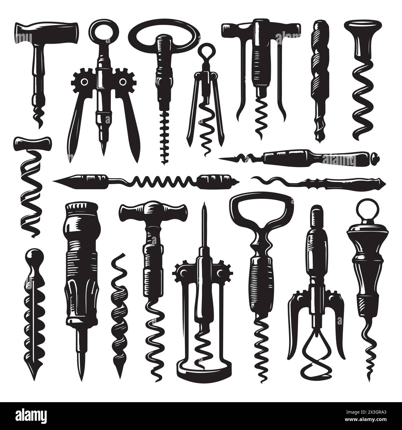 Black silhouette set of various corkscrews, vector illustration Stock