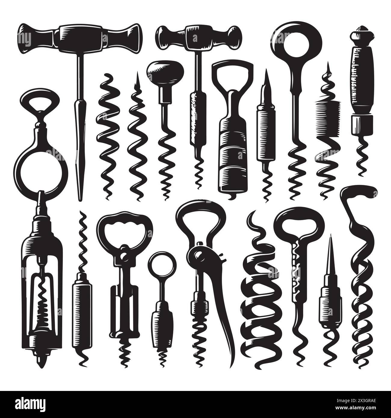 Black silhouette set of various corkscrews, vector illustration Stock ...