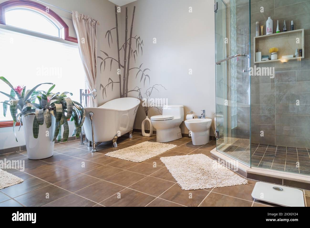 Freestanding bathtub, bidet, clear glass shower stall in en suite with ...