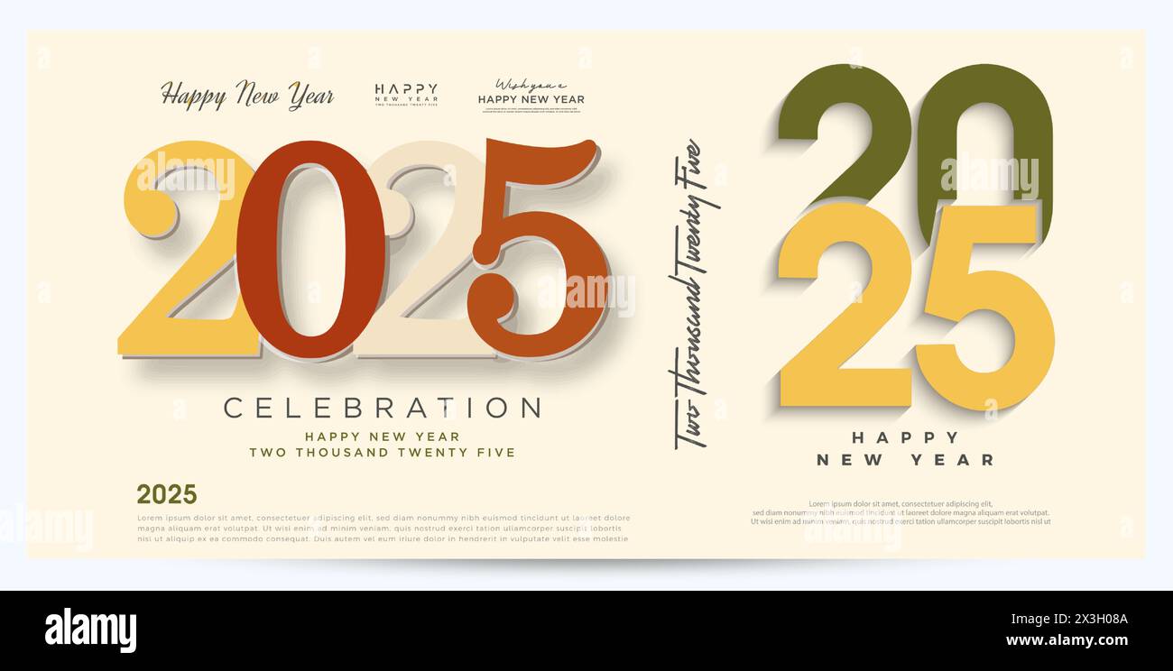 Happy New Year 2025 design. With illustrations of cut out numbers and with a subtle and