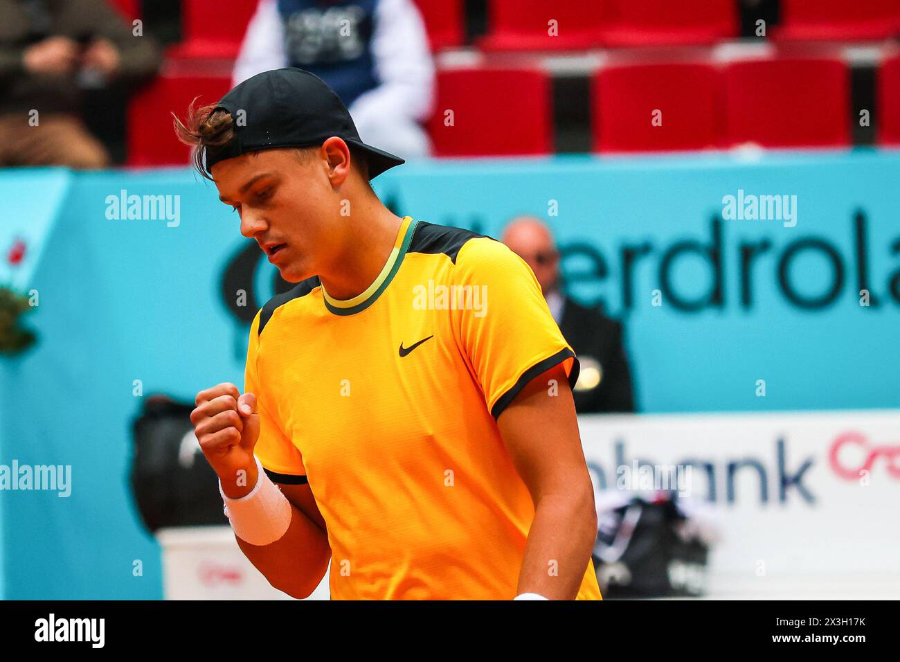 Madrid, Spain. 26th Apr, 2024. Holger Rune of Denmark plays against Mariano Navone of Argentina on Day Five of the Mutua Madrid Open 2024 tournament at La Caja Magica. Holger Rune won against Mariano Navone 5-7, 7-6, 6-4 Credit: SOPA Images Limited/Alamy Live News Stock Photo