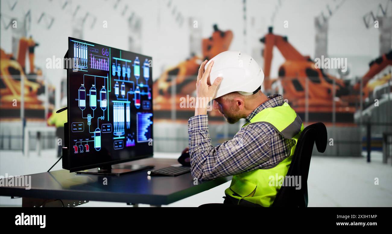 Unhappy Engineer Operator Using SCADA System At Industrial Plant Stock Photo