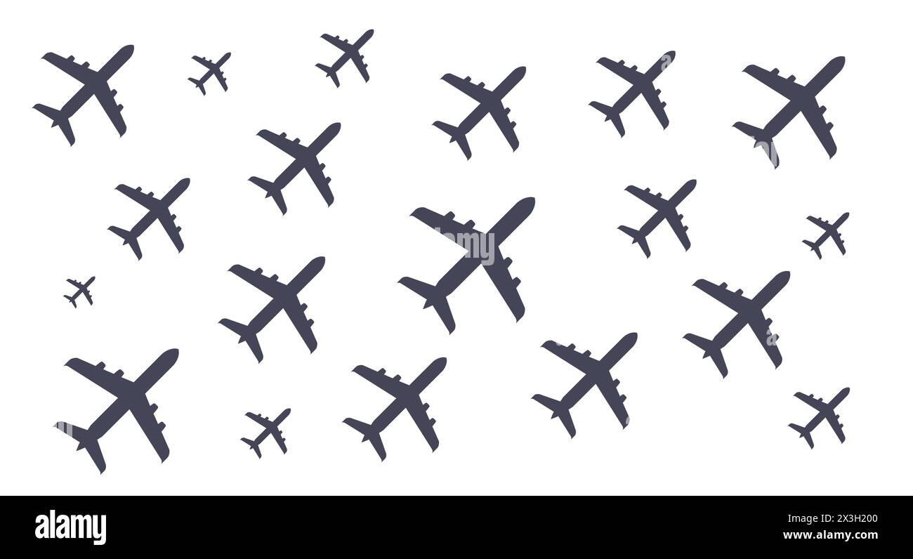 Planes pattern, aircraft are depicted flying in formation against a blank canvas, showcasing a unique pattern of airplane icons isolated on white Stock Vector