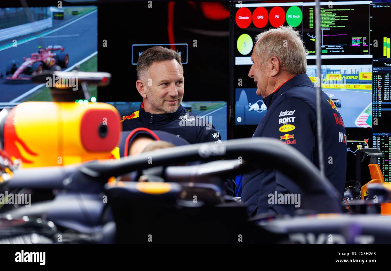 Suzuka Circuit, 5 April 2024: Christian Horner, Principal of Red Bull Racing and Dr. Helmut Marko, Director of Red Bull F1 and head of Red Bull's driv Stock Photo