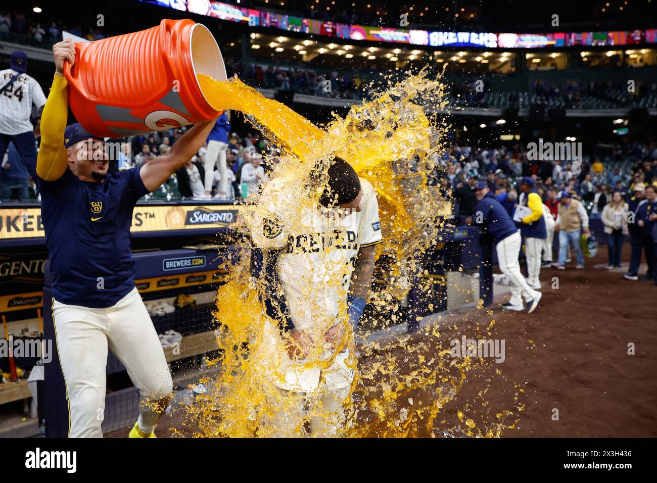 Milwaukee, WI, USA. 26th Apr, 2024. Milwaukee Brewers third base Joey Ortiz (3) has gatorade dumped on him in celebration by shortstop Willy Adames (27) after the game between the Milwaukee Brewers and the New York Yankees at American Family Field in Milwaukee, WI. Darren Lee/CSM (Credit Image: © Darren Lee/Cal Sport Media). Credit: csm/Alamy Live News Stock Photo