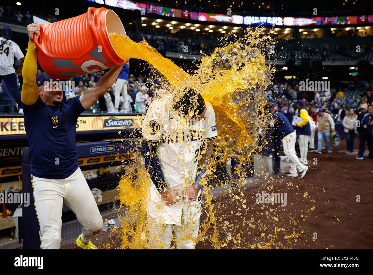 Milwaukee, WI, USA. 26th Apr, 2024. Milwaukee Brewers third base Joey Ortiz (3) has gatorade dumped on him in celebration by shortstop Willy Adames (27) after the game between the Milwaukee Brewers and the New York Yankees at American Family Field in Milwaukee, WI. Darren Lee/CSM/Alamy Live News Stock Photo