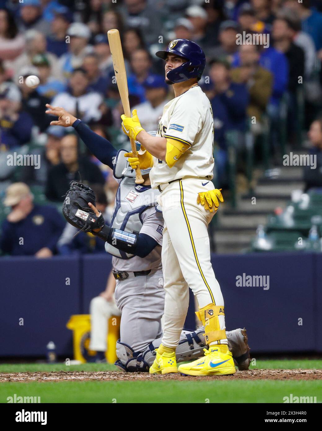Milwaukee, WI, USA. 26th Apr, 2024. Milwaukee Brewers shortstop Willy Adames (27) at bat during the game between the Milwaukee Brewers and the New York Yankees at American Family Field in Milwaukee, WI. Darren Lee/CSM/Alamy Live News Stock Photo