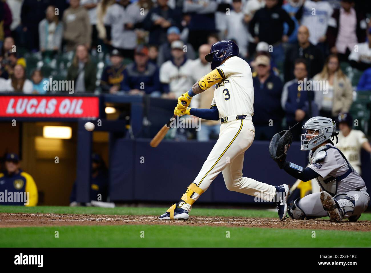 Milwaukee, WI, USA. 26th Apr, 2024. Milwaukee Brewers third base Joey Ortiz (3) gets his first walk-off hit of his career with an RBI single in the 11th inning of the game between the Milwaukee Brewers and the New York Yankees at American Family Field in Milwaukee, WI. Darren Lee/CSM/Alamy Live News Stock Photo