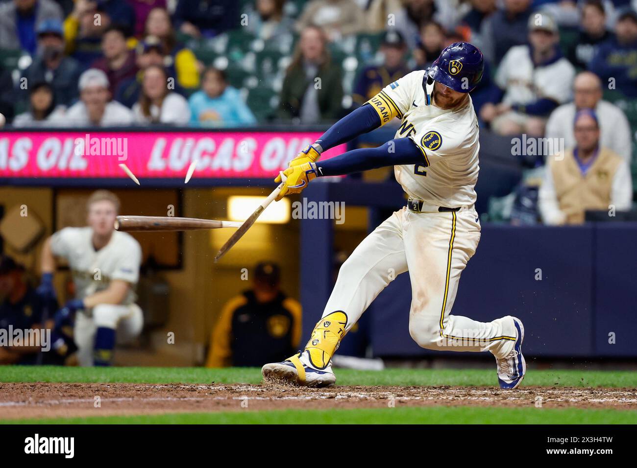 Milwaukee, WI, USA. 26th Apr, 2024. Milwaukee Brewers second base Brice Turang (2) breaks his bat during the game between the Milwaukee Brewers and the New York Yankees at American Family Field in Milwaukee, WI. Darren Lee/CSM/Alamy Live News Stock Photo