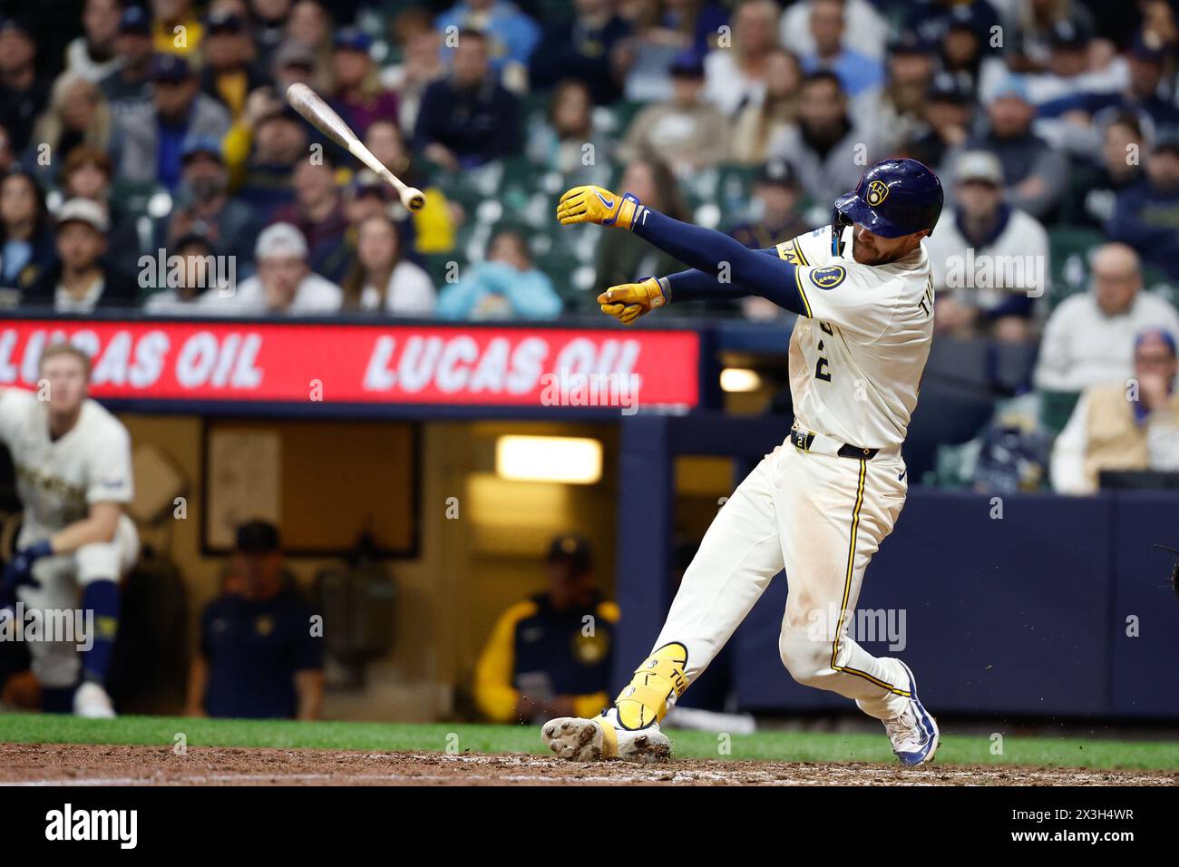 Milwaukee, WI, USA. 26th Apr, 2024. The bat slips out of the hands of Milwaukee Brewers second base Brice Turang (2) during the game between the Milwaukee Brewers and the New York Yankees at American Family Field in Milwaukee, WI. Darren Lee/CSM/Alamy Live News Stock Photo
