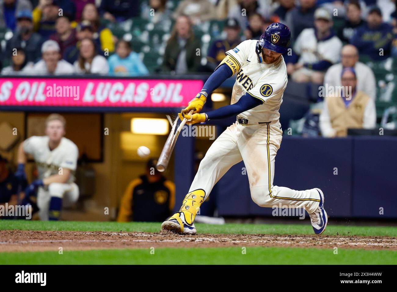 Milwaukee, WI, USA. 26th Apr, 2024. Milwaukee Brewers second base Brice Turang (2) breaks his bat during the game between the Milwaukee Brewers and the New York Yankees at American Family Field in Milwaukee, WI. Darren Lee/CSM/Alamy Live News Stock Photo
