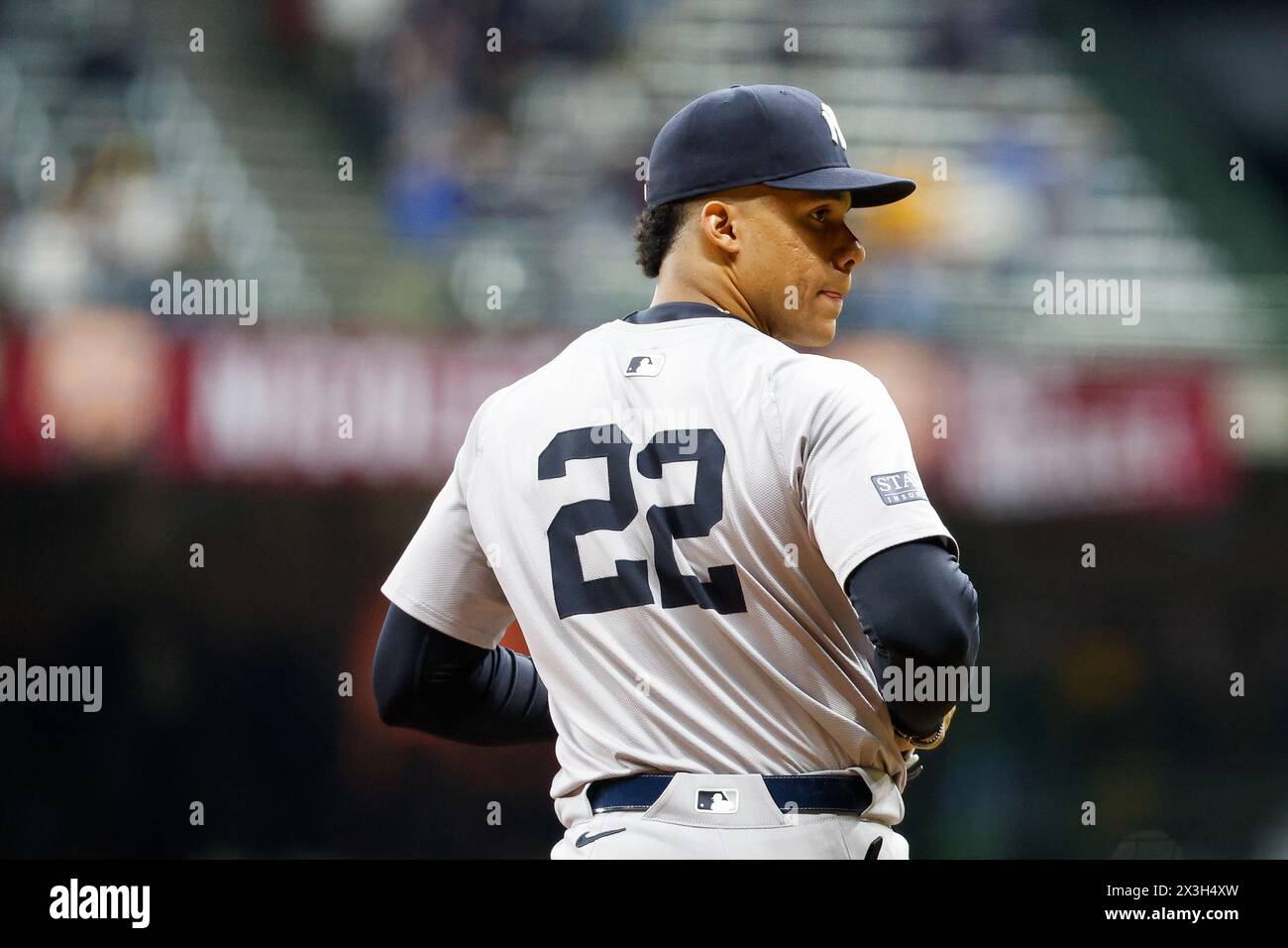 Milwaukee, WI, USA. 26th Apr, 2024. New York Yankees outfielder Juan Soto (22) during the game between the Milwaukee Brewers and the New York Yankees at American Family Field in Milwaukee, WI. Darren Lee/CSM/Alamy Live News Stock Photo