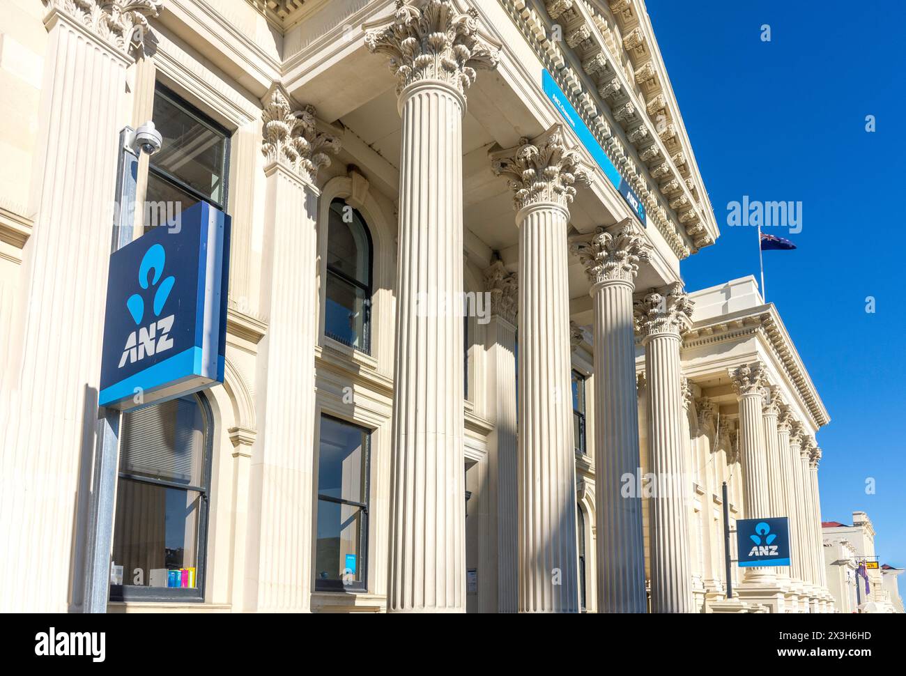 ANZ Bank in historic neo-classical building, Thames Street, Oamaru, Otago, South Island, New Zealand Stock Photo