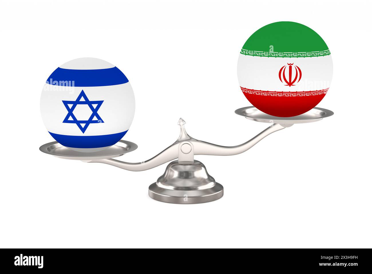 Two balls with flag israel, iran and scale on white background. Isolated 3D illustration Stock Photo