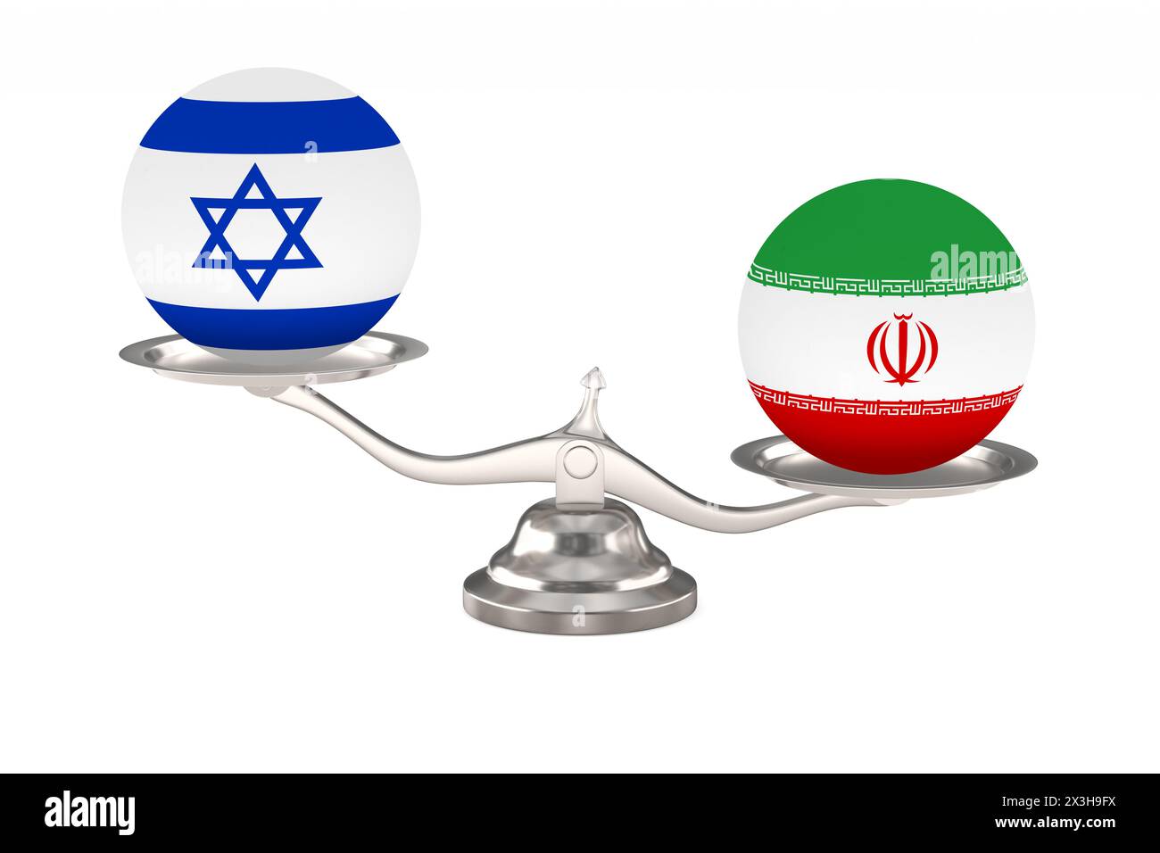 Two balls with flag israel, iran and scale on white background. Isolated 3D illustration Stock Photo