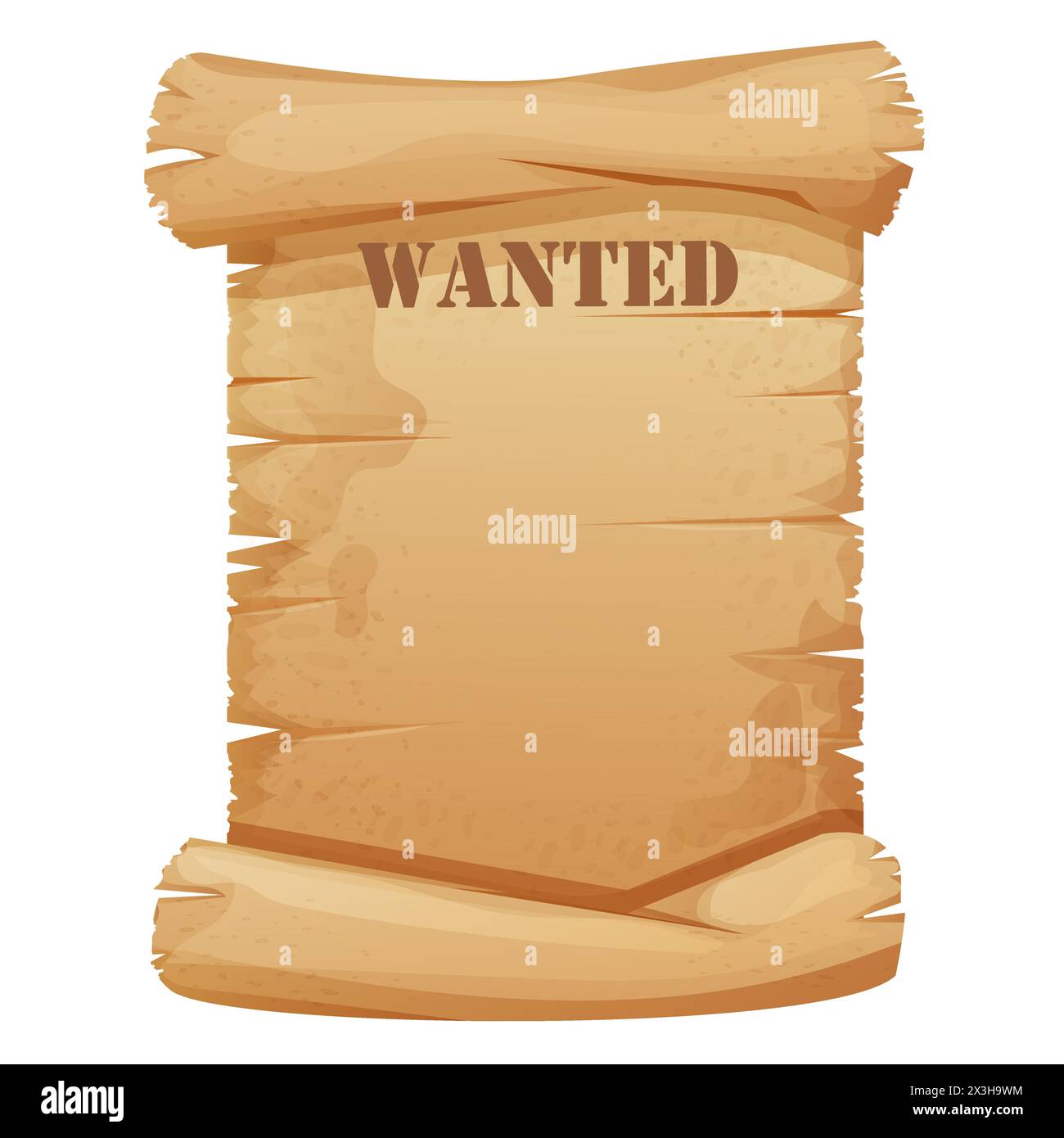 Wanted parchment paper banner, poster template wild west reward flyer isolated on white background. Aged frame, rustic western award, search sign, sheriff criminal notice with grunge paper texture. Vector illustration Stock Vector