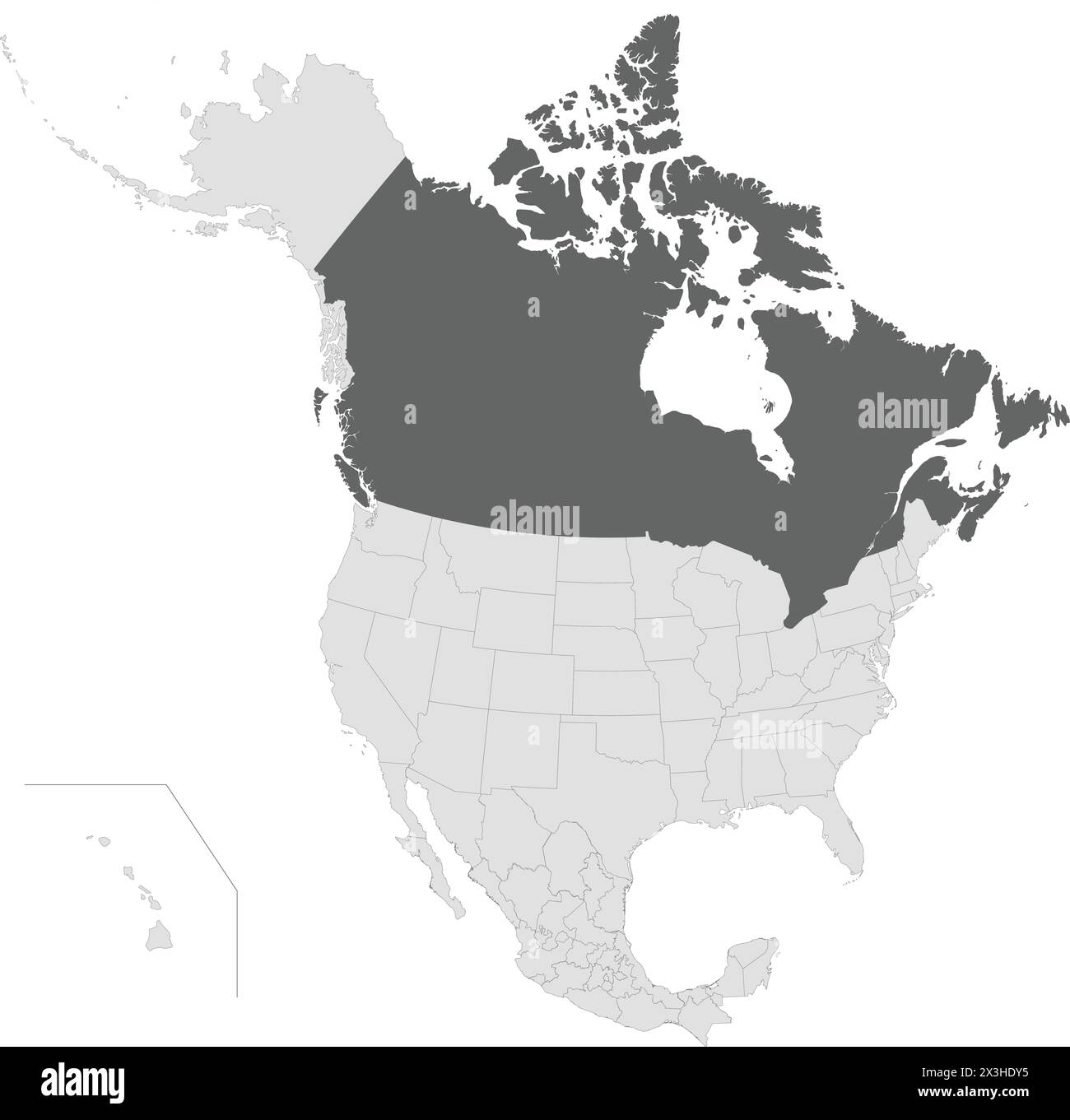 Dark grey map of CANADA inside light grey map of the North American continent Stock Vector