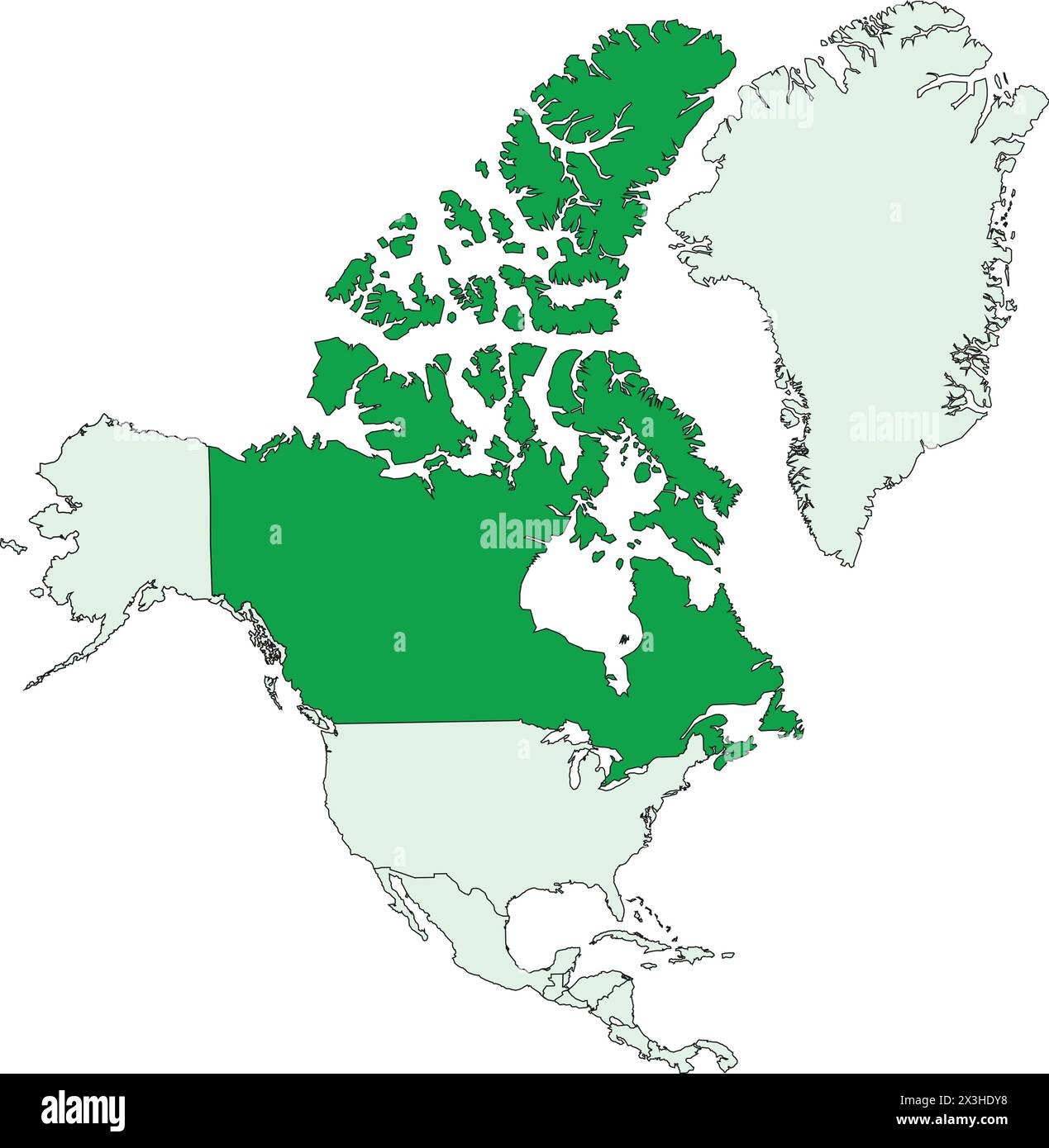 Dark green map of CANADA inside light green map of the North American continent Stock Vector