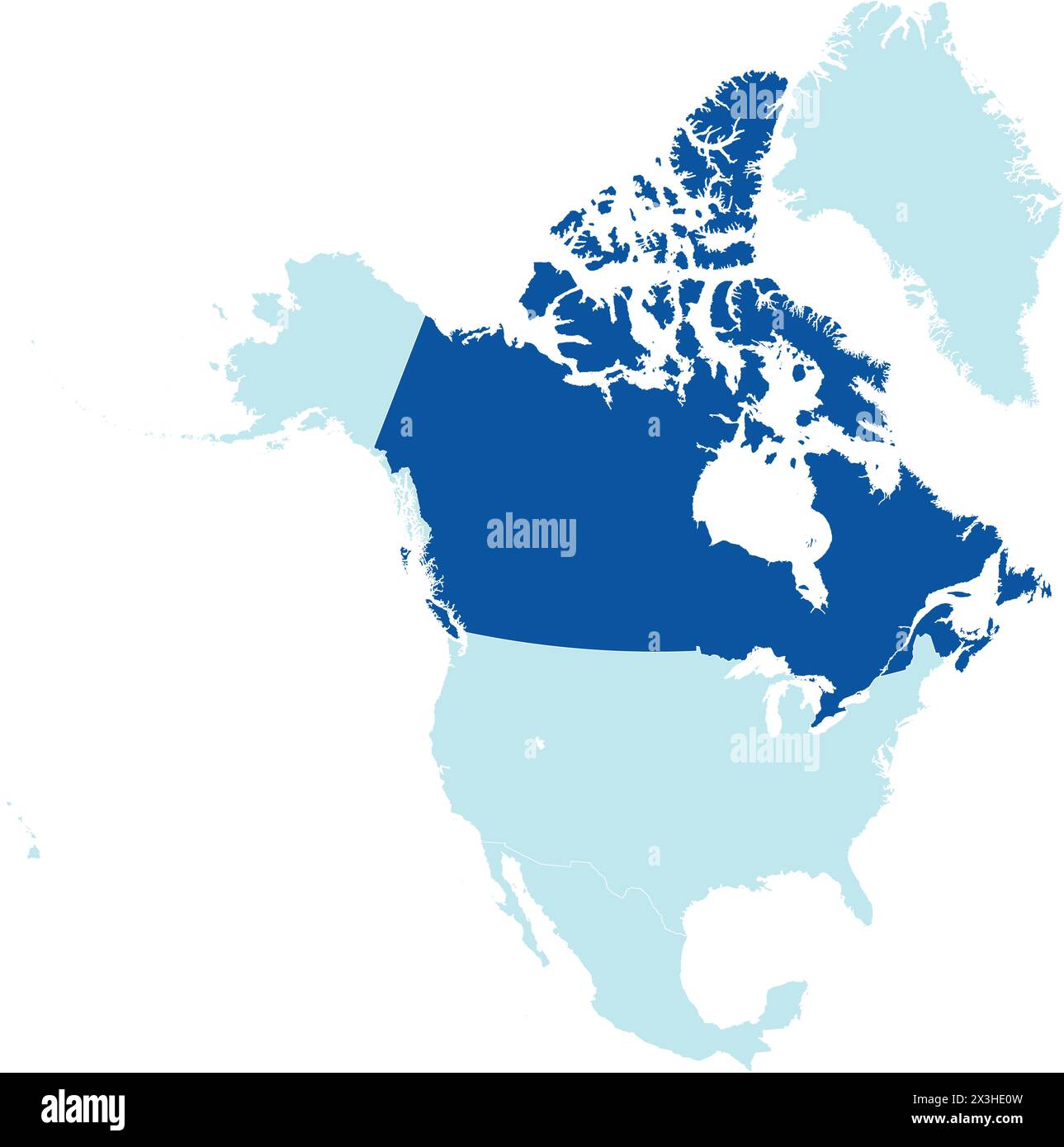 Dark blue map of CANADA inside light blue map of the North American continent Stock Vector