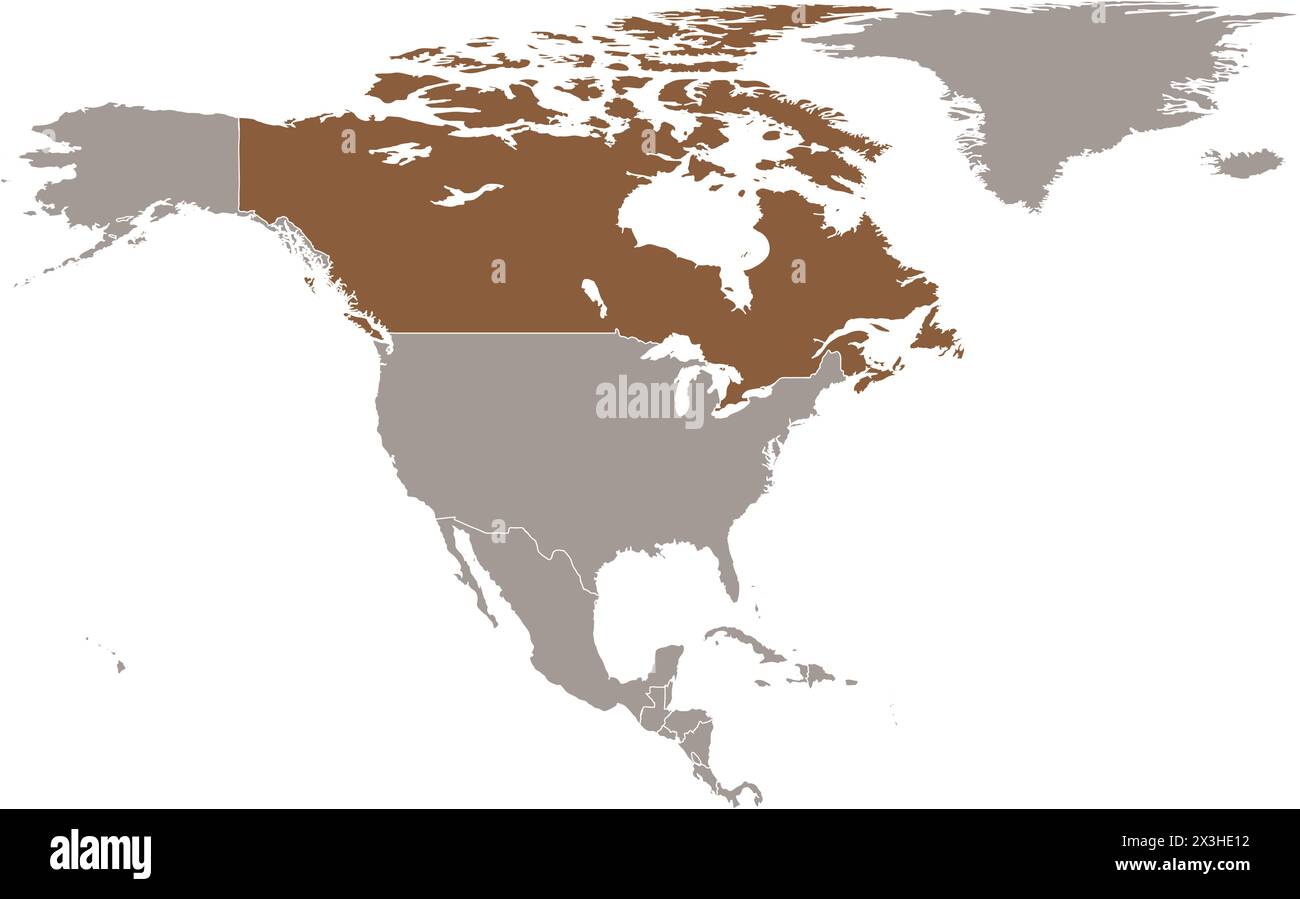 Dark brown map of CANADA inside light brown map of the North American continent Stock Vector