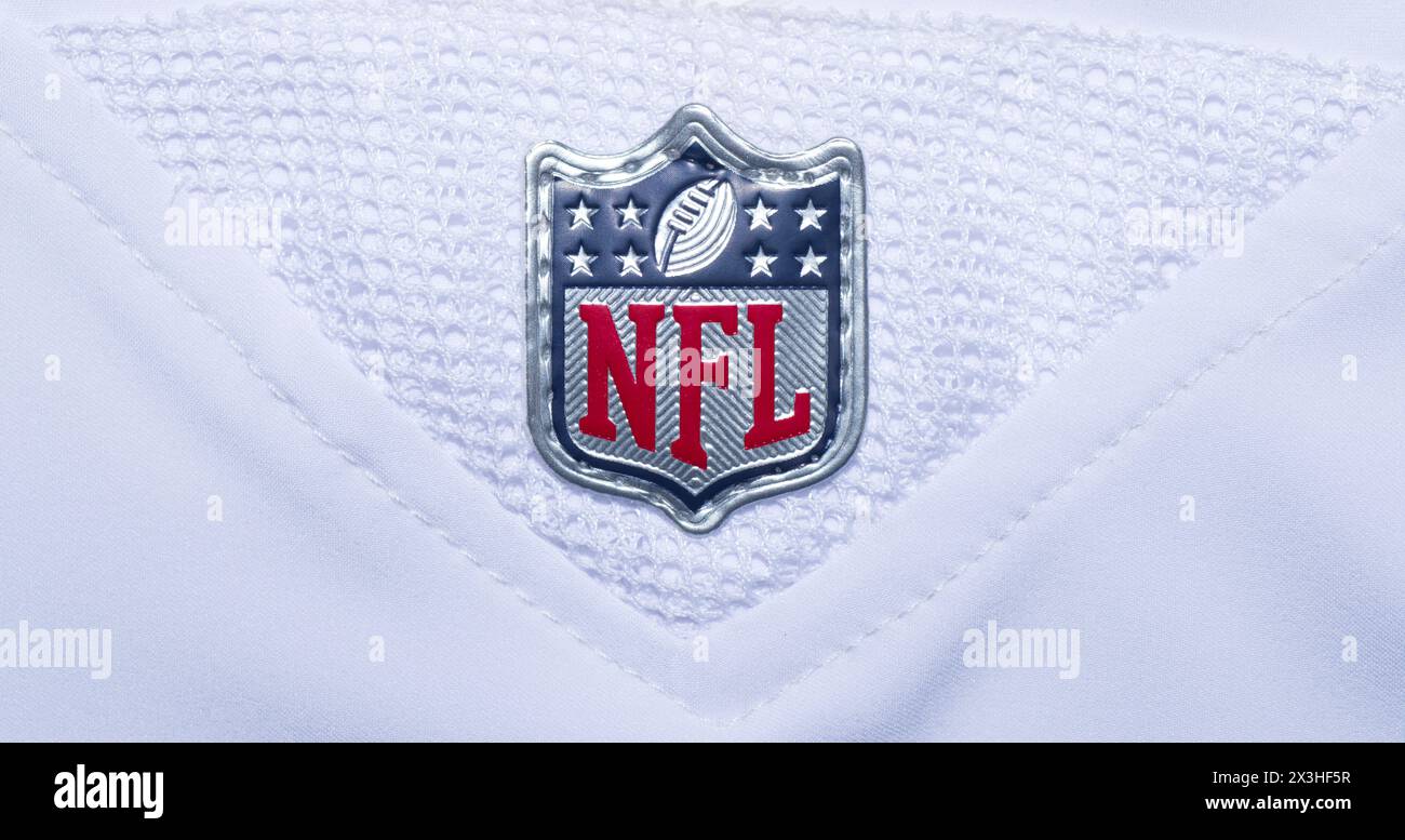 February 21, 2024 Ocala, Florida the logo of the brand NFL National Football League stitched emblem isolated on white background. Badge as seen on all Stock Photo