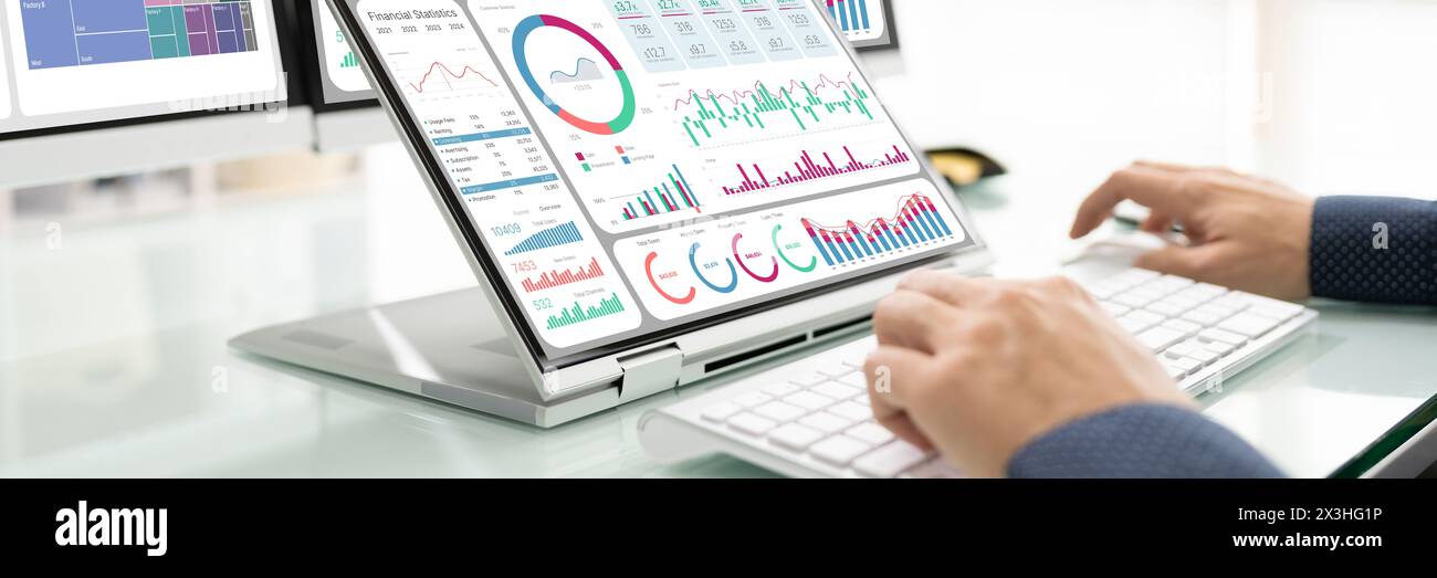 Man analyzing business data on company dashboard analytics. Stock Photo