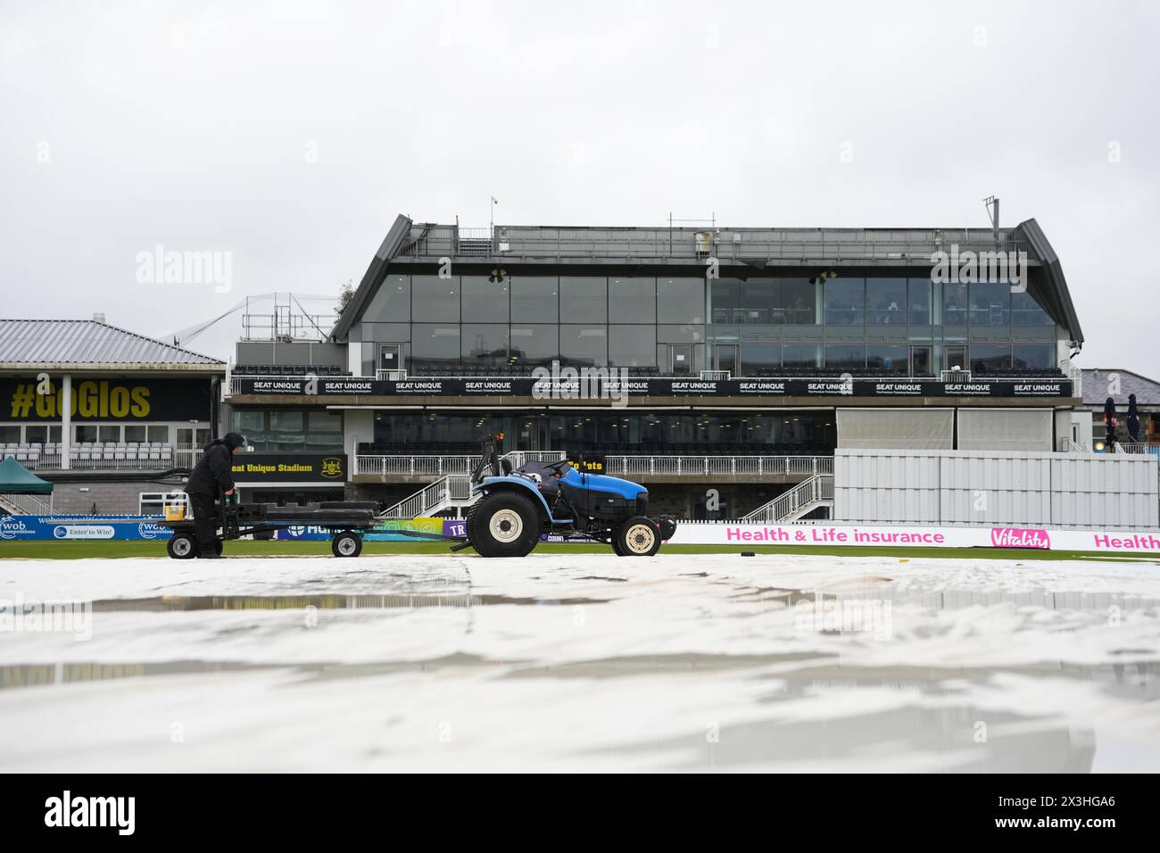 Bristol, UK, 27 April 2024. A general view of the Seat Unique Stadium as rain delays play on day two during the Vitality County Championship Division Two match between Gloucestershire and Middlesex. Credit: Robbie Stephenson/Gloucestershire Cricket/Alamy Live News Stock Photo