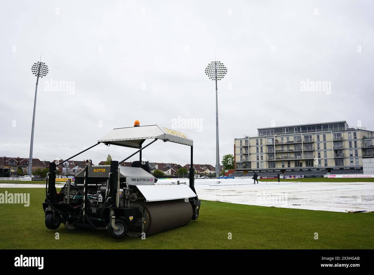 Bristol, UK, 27 April 2024. A general view of the Seat Unique Stadium as rain delays play on day two during the Vitality County Championship Division Two match between Gloucestershire and Middlesex. Credit: Robbie Stephenson/Gloucestershire Cricket/Alamy Live News Stock Photo