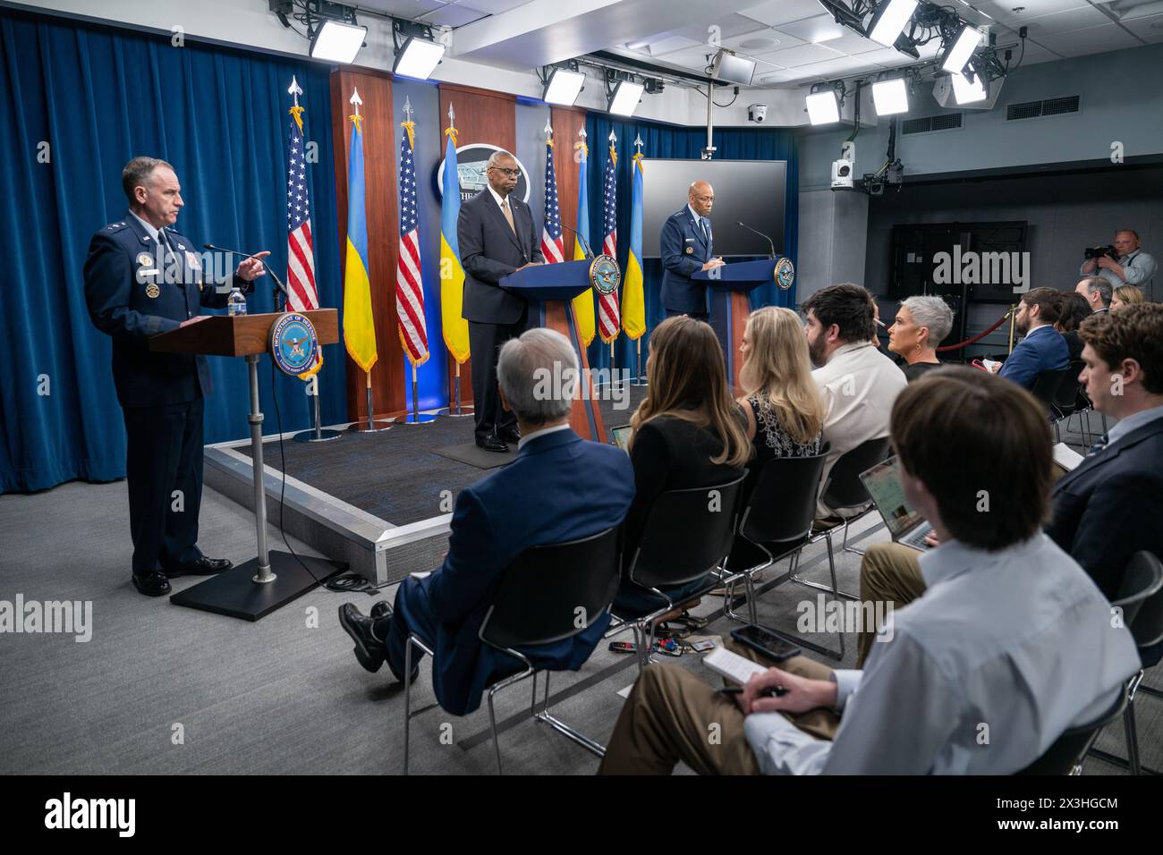 Washington, United States Of America. 26th Apr, 2024. Washington, United States of America. 26 April, 2024. Pentagon Press Secretary Maj. Gen. Pat Ryder, left, selects a reporters to ask a question of U.S. Defense Secretary Lloyd Austin, center, and Chairman of the Joint Chiefs Gen. C.Q Brown, right, during a press conference following the meeting of the Ukraine Defense Contact Group at the Pentagon, April 26, 2024, in Washington, DC Austin earlier announced a $6 Billion weapons package for Ukraine. Credit: TSgt. Jack Sanders/DOD Photo/Alamy Live News Stock Photo