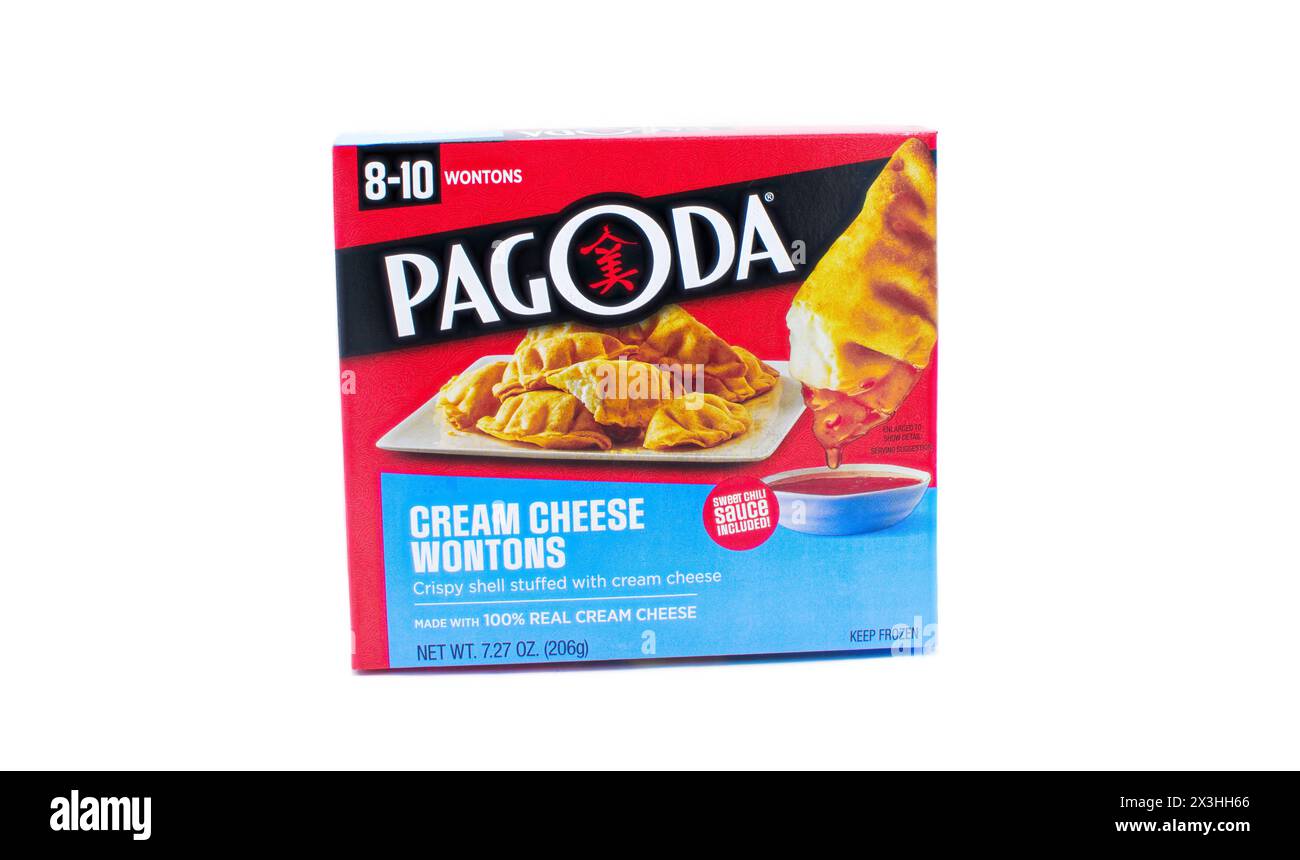 Ocala, Florida 3-10-2024 frozen Pagoda brand crispy shell stuffed with cream cheese wonton with sweet chili sauce Asian appetizer red and blue box pac Stock Photo