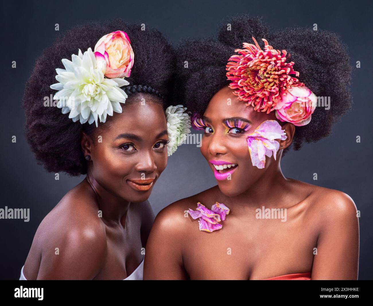 Portrait, makeup and happy black women with flowers in studio for ...