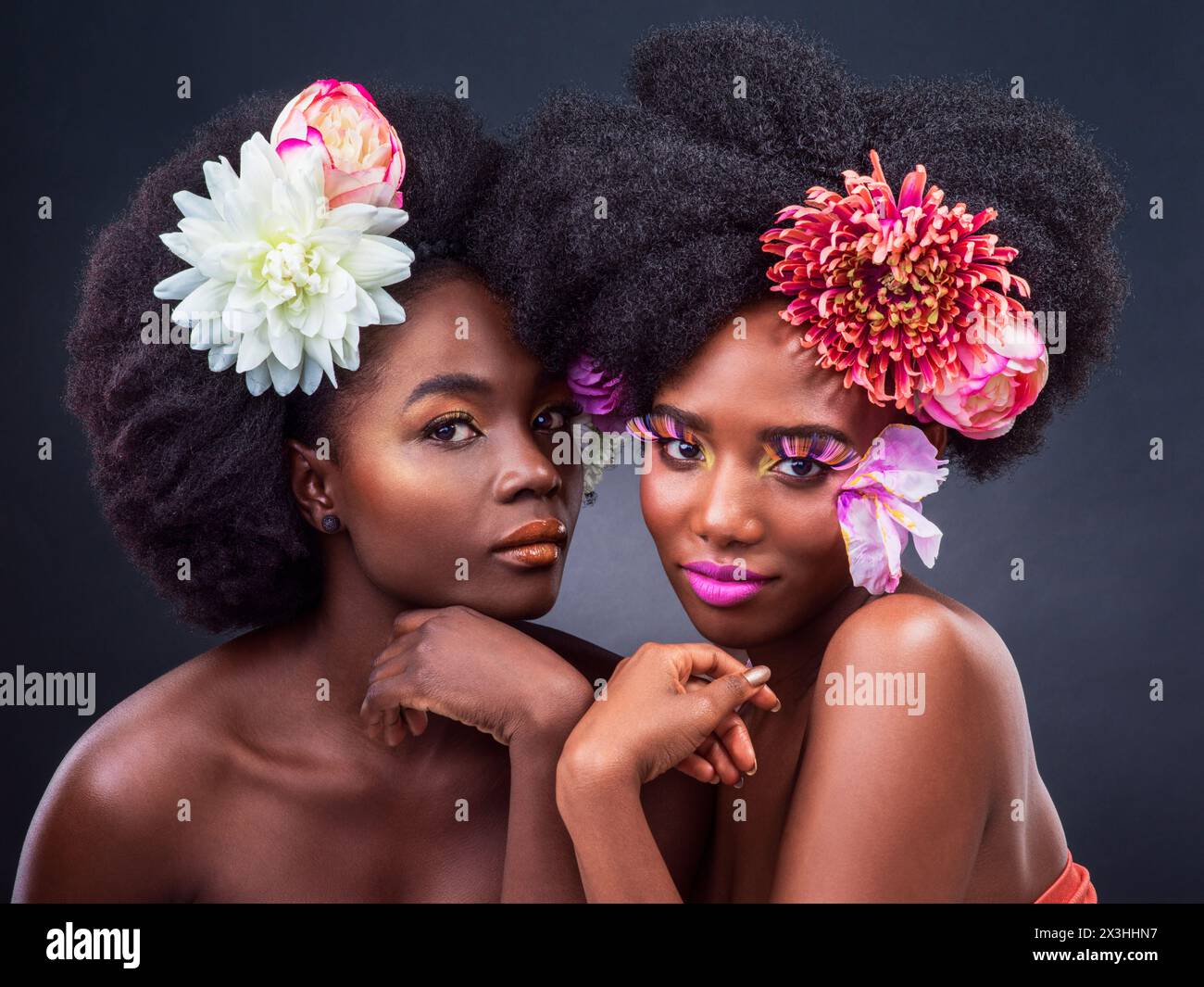 Flowers, portrait and black women with makeup on dark background for ...